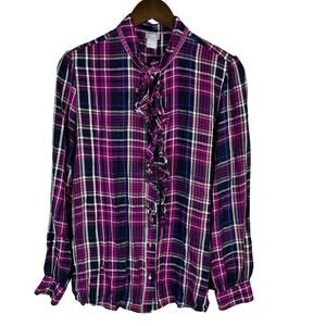 Chicos Pink Purple‎ Plaid Ruffled Button-up Long Sleeve Top L Western Preppy